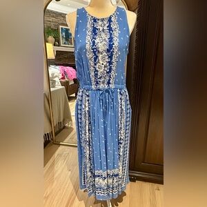 LOFT Blue Sleeveless Border-Print Midi Dress